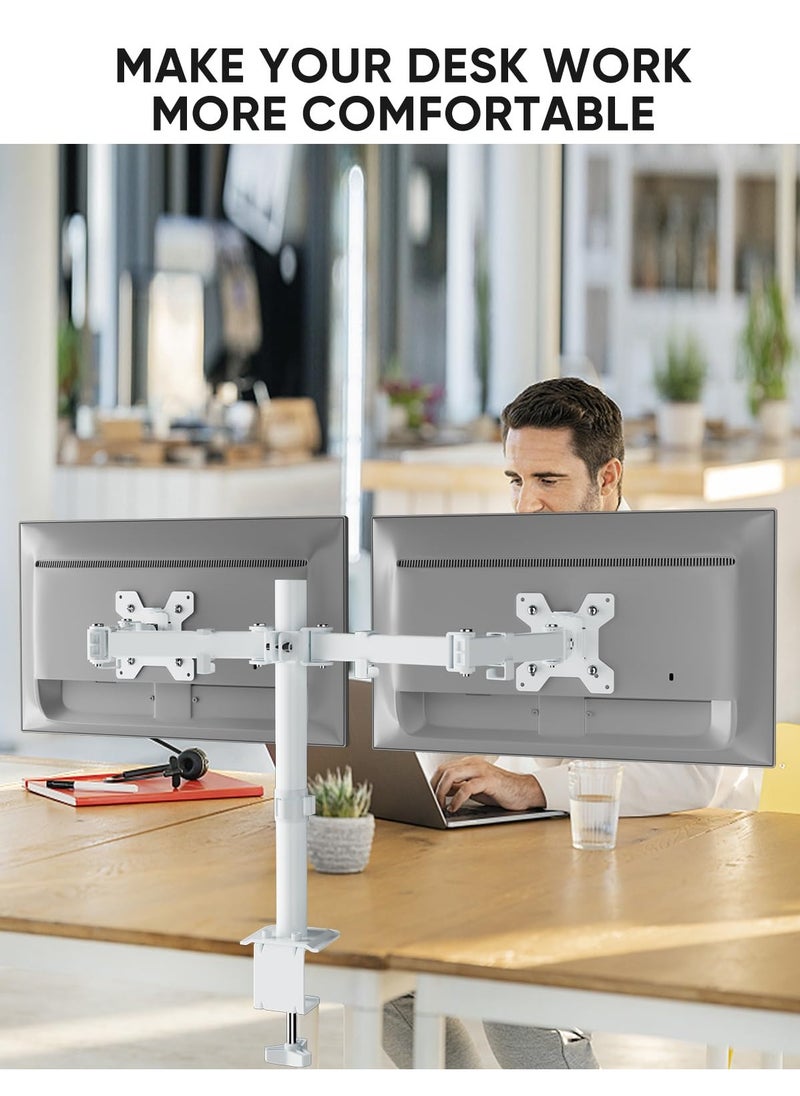 Ergonomic Dual Monitor Stand for 13-32 inch LCD LED PC Screens for Desks Monitor Stand Arm, Height Adjustable Arm Bracket Tilt 90° Swivel 180° Rotate 360°, VESA 75/100 ,White