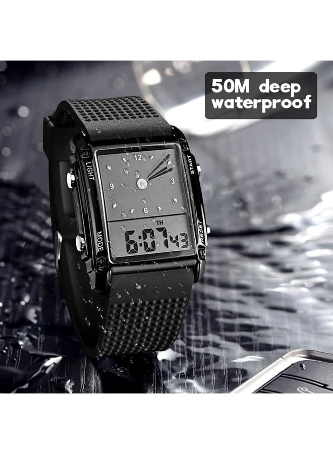 Fanmis Men's Waterproof Rectangle Dial Analog Digital Wrist Watch with Five LED Backlight Color Black - Image 3