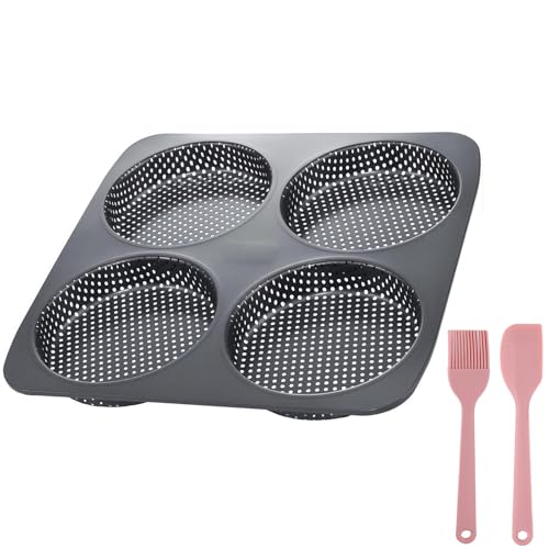 HOMOMSAE Large Hamburger Bun Pan, 5 Inch Perforated Commercial Non-Stick Carbon Steel Baking Mold, 4-Cavity Big Baking Pan for Homemade Hamburger Buns Meat Pie Bread Mini Pizza - Image 1