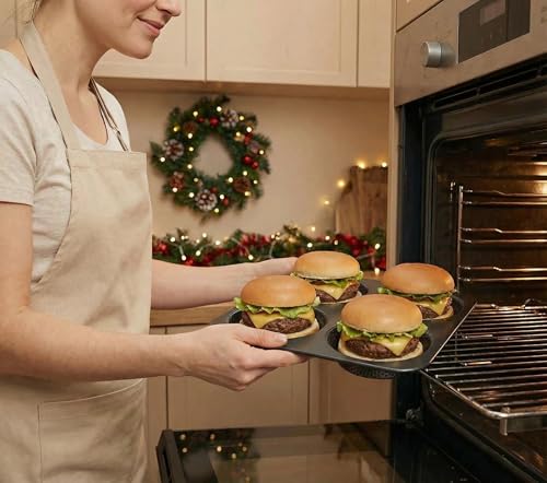 HOMOMSAE Large Hamburger Bun Pan, 5 Inch Perforated Commercial Non-Stick Carbon Steel Baking Mold, 4-Cavity Big Baking Pan for Homemade Hamburger Buns Meat Pie Bread Mini Pizza - Image 2