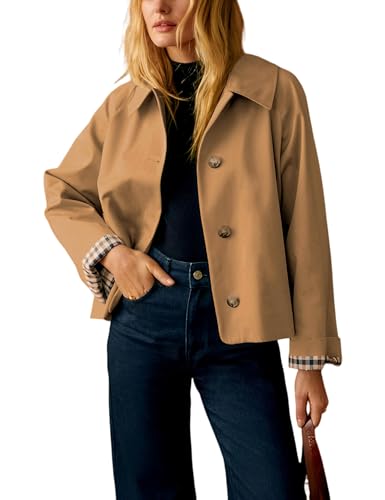 Yeokou Women Oversize Trench Coat Plaid Lining Lapel Button Down Casual Crop Jacket Outwear with Pockets(Camel-L) - Image 1