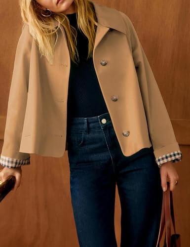 Yeokou Women Oversize Trench Coat Plaid Lining Lapel Button Down Casual Crop Jacket Outwear with Pockets(Camel-L) - Image 2