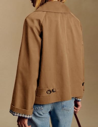 Yeokou Women Oversize Trench Coat Plaid Lining Lapel Button Down Casual Crop Jacket Outwear with Pockets(Camel-L) - Image 3