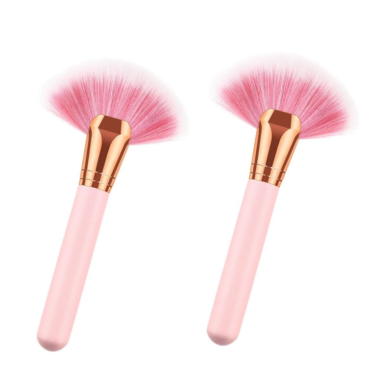 FAVOMOTO 2pcs Professional Wooden Handle Fan Makeup Brush Set with Nylon Bristles for Powder Application, Facial Blusher, and Cosmetic Use - Image 1