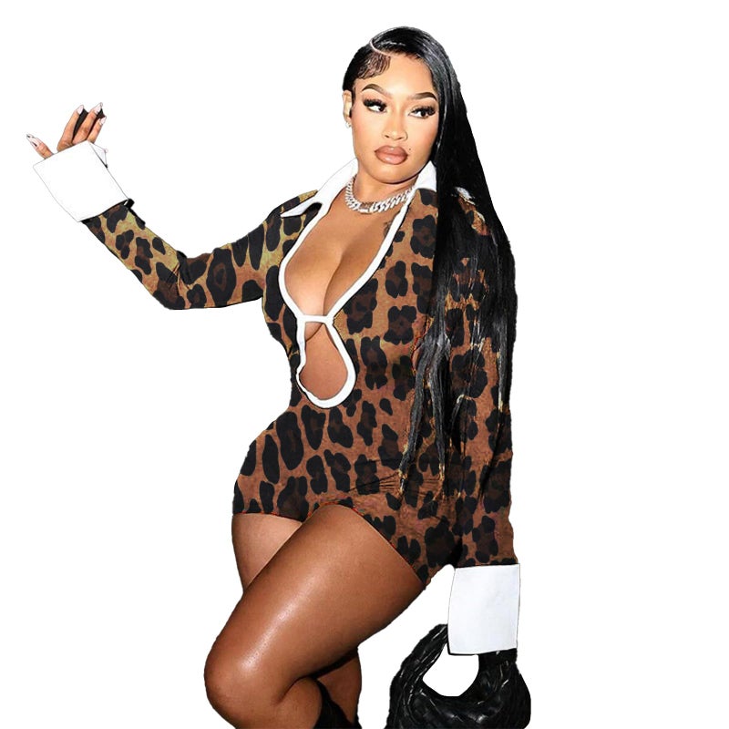Molilove Women's Sexy Deep V Hollow Out Shirt Collar Long Sleeve Backless Strap Tight Jumpsuit Shorts Clubwear - Image 1