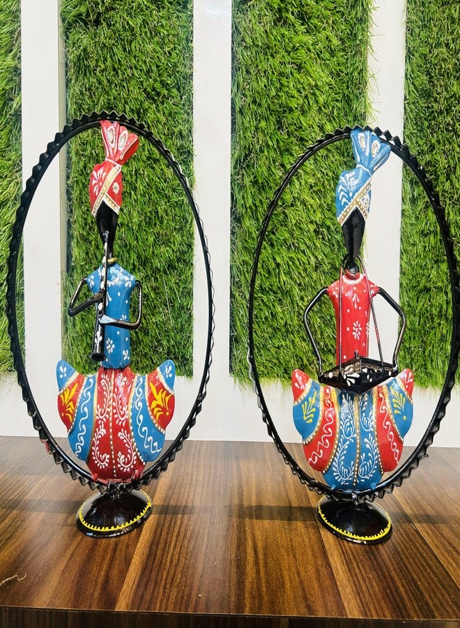 OVIK Set of 2 Metal Rajasthani Decorative Musician Showpiece, Table Decorative Items for Home,Antique Gift Items, Tv Unit Showpiece, Home Decoration Items (Each Size 9x10 Inch) - Image 2