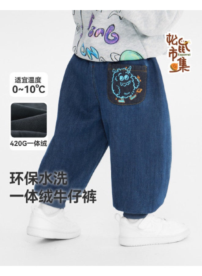 Fade-resistant Soft Fleece] Baby Pants Fleece Lined Thickened Winter Boy Jeans Children's Long Pants Winter Girl - Image 1