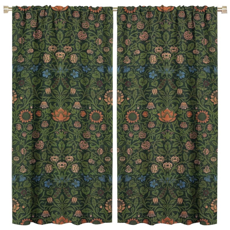 GoDazzling Bohemia Plant Flowers Pattern Blackout Window Curtains, William Morris Art Print Vintage Decor Curtains, for Living Room Bedroom 21(W)*45(L) 2 Panels - Image 1
