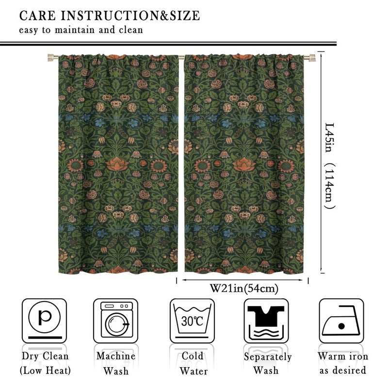 GoDazzling Bohemia Plant Flowers Pattern Blackout Window Curtains, William Morris Art Print Vintage Decor Curtains, for Living Room Bedroom 21(W)*45(L) 2 Panels - Image 2