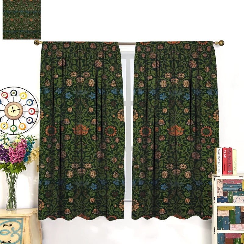 GoDazzling Bohemia Plant Flowers Pattern Blackout Window Curtains, William Morris Art Print Vintage Decor Curtains, for Living Room Bedroom 21(W)*45(L) 2 Panels - Image 3