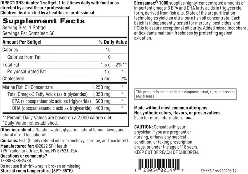 Klaire Labs Eicosamax 1000 TG Fish Oil  1000 mg EPADHA per Soft Gel Ultra Pure Omega3 Fish Oil Pills  Sustainably Sourced  Natural Lemon Flavor for No Fishy Burps 60 Softgels - Image 5