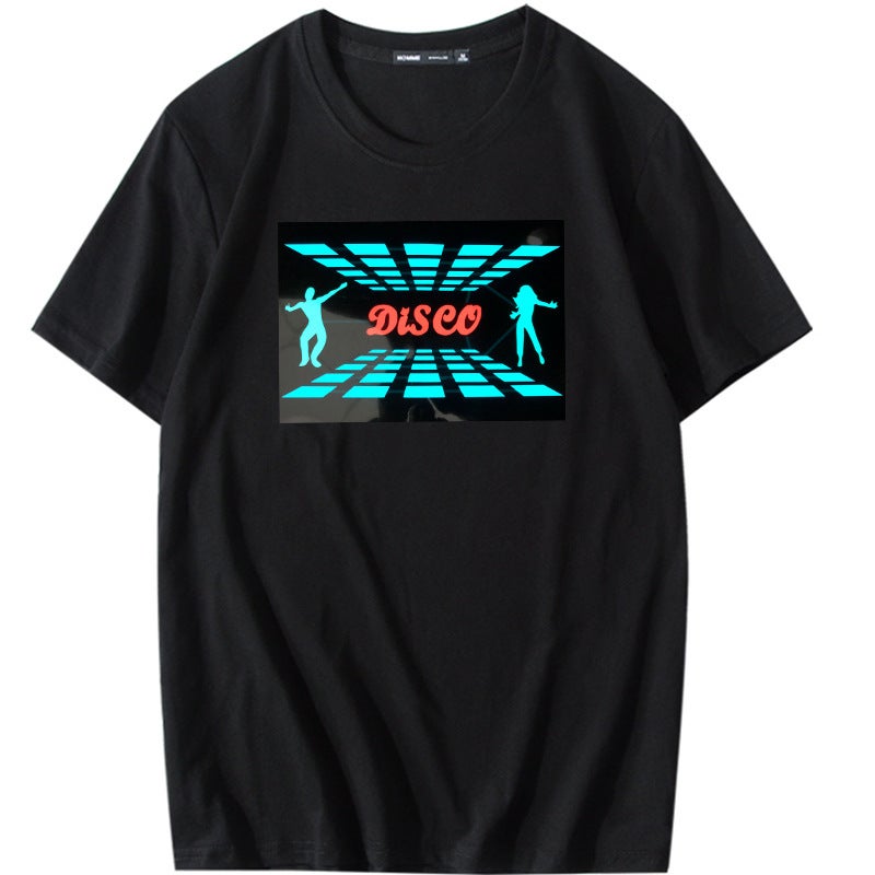 Tiktok same led voice-controlled luminous clothes luminous flash disco jumping couple round neck short sleeve cotton T-shirt men and women fashion disco 