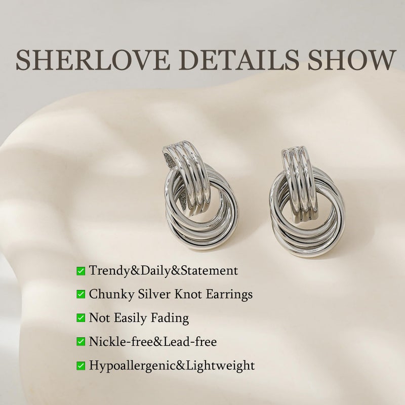 SHERLOVE Trendy Silver Knot Earrings for Women Chunky Statement Drop Dangle Earrings Lightweight Hypoallergenic Fashion Silver Jewelry Women - Image 5