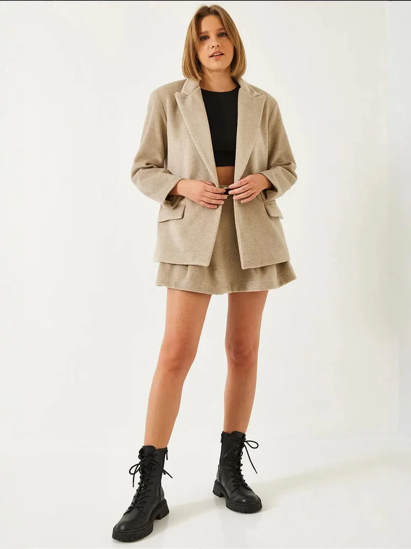 Bianco Lucci Beige Natural LUCCI Textured A-Form Mini Skirt with Zipper for Women | Best Price UAE