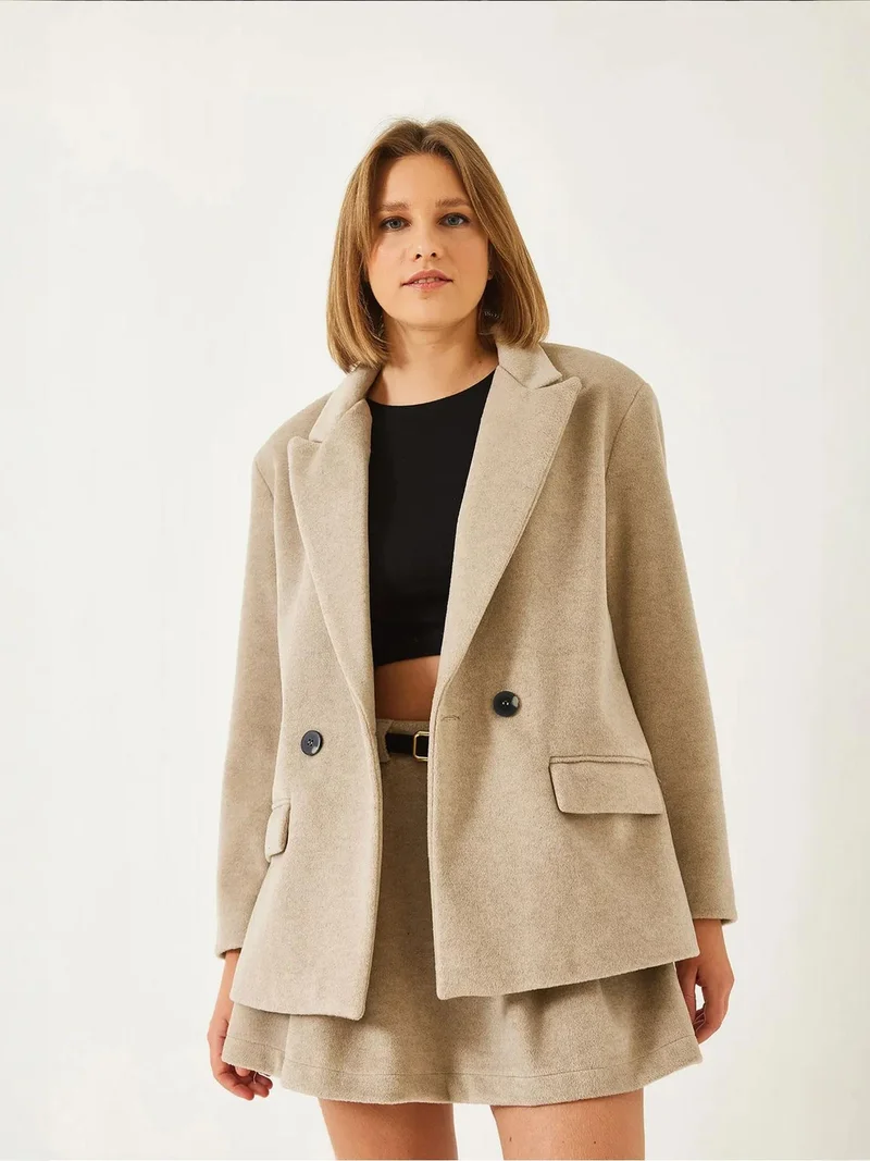 Bianco Lucci Beige Natural LUCCI Textured A-Form Mini Skirt with Zipper for Women | Best Price UAE