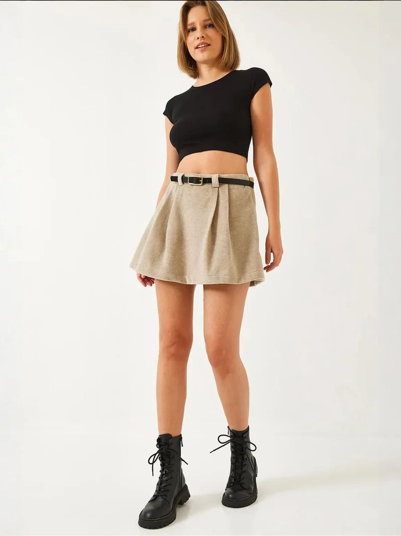 Bianco Lucci Beige Natural LUCCI Textured A-Form Mini Skirt with Zipper for Women | Best Price UAE