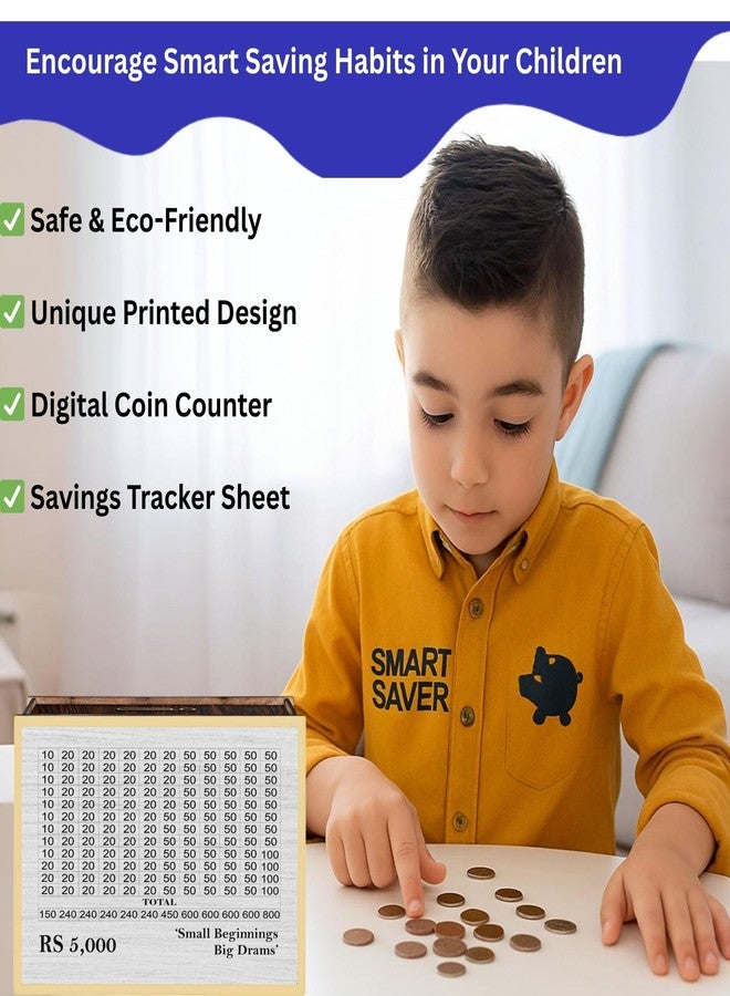 KARNI CRAFT Wooden Money Piggy Bank 100000, Money Saving Box, Gullak with Savings Chart, 100000 Rupees Goal Tracker, Cash Collection Bank for Kids and Adults - Image 5