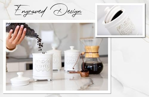 25DOL 35 Ounce Elegant Ceramic Kitchen Canisters Set of 3 - Beautifully Engraved Coffee Tea Sugar Storage Containers Airtight with Feet for Added Style and Stability - Ceramic Jar with Airtight Lid - Image 4