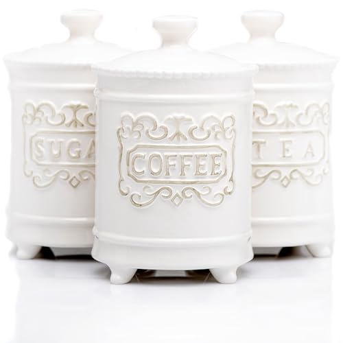 25DOL 35 Ounce Elegant Ceramic Kitchen Canisters Set of 3 - Beautifully Engraved Coffee Tea Sugar Storage Containers Airtight with Feet for Added Style and Stability - Ceramic Jar with Airtight Lid - Image 1