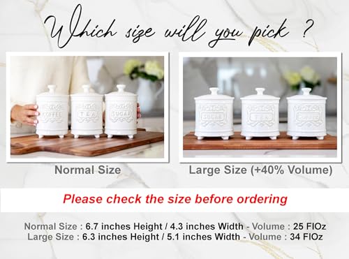 25DOL 35 Ounce Elegant Ceramic Kitchen Canisters Set of 3 - Beautifully Engraved Coffee Tea Sugar Storage Containers Airtight with Feet for Added Style and Stability - Ceramic Jar with Airtight Lid - Image 3