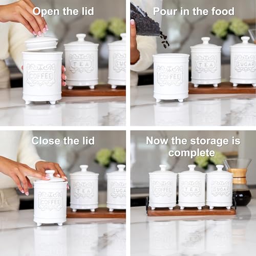 25DOL 35 Ounce Elegant Ceramic Kitchen Canisters Set of 3 - Beautifully Engraved Coffee Tea Sugar Storage Containers Airtight with Feet for Added Style and Stability - Ceramic Jar with Airtight Lid - Image 5