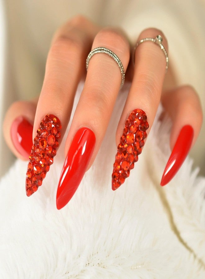 IKISKT Red Diamond Deco Press on Nails Long Stiletto - IKISKT Bright Red 24pcs Glossy Nails Full Cover False Finger Nails Kit, Mani Stick on Nails for Women Girls,Bling Rhinestone - Image 2