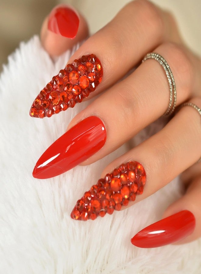 IKISKT Red Diamond Deco Press on Nails Long Stiletto - IKISKT Bright Red 24pcs Glossy Nails Full Cover False Finger Nails Kit, Mani Stick on Nails for Women Girls,Bling Rhinestone - Image 3
