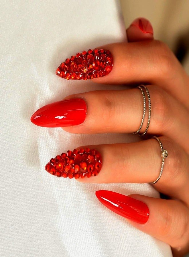 IKISKT Red Diamond Deco Press on Nails Long Stiletto - IKISKT Bright Red 24pcs Glossy Nails Full Cover False Finger Nails Kit, Mani Stick on Nails for Women Girls,Bling Rhinestone - Image 1