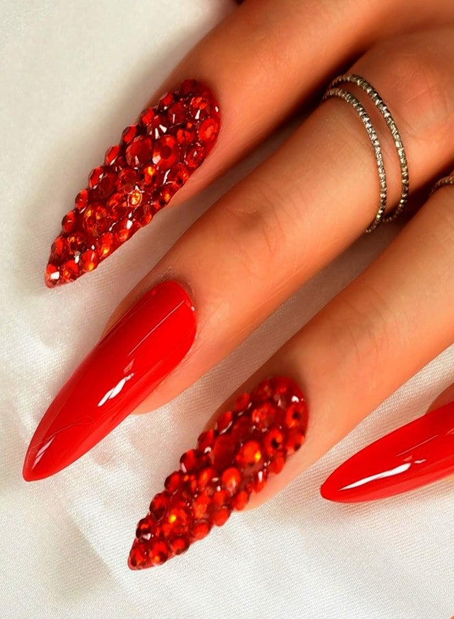 IKISKT Red Diamond Deco Press on Nails Long Stiletto - IKISKT Bright Red 24pcs Glossy Nails Full Cover False Finger Nails Kit, Mani Stick on Nails for Women Girls,Bling Rhinestone - Image 4