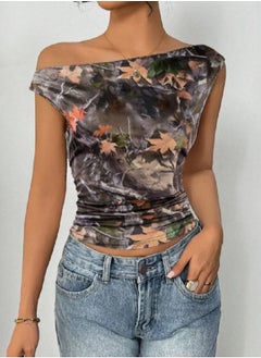 Shein Rafferiza Allover Print Asymmetrical Shoulder Ruched Side Crop Top  - Image 1