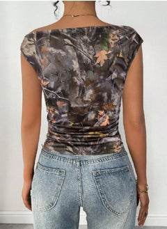 Shein Rafferiza Allover Print Asymmetrical Shoulder Ruched Side Crop Top  - Image 2