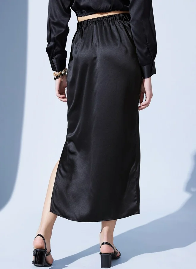 STREET 9 Black Satin Straight Midi Skirt for Women