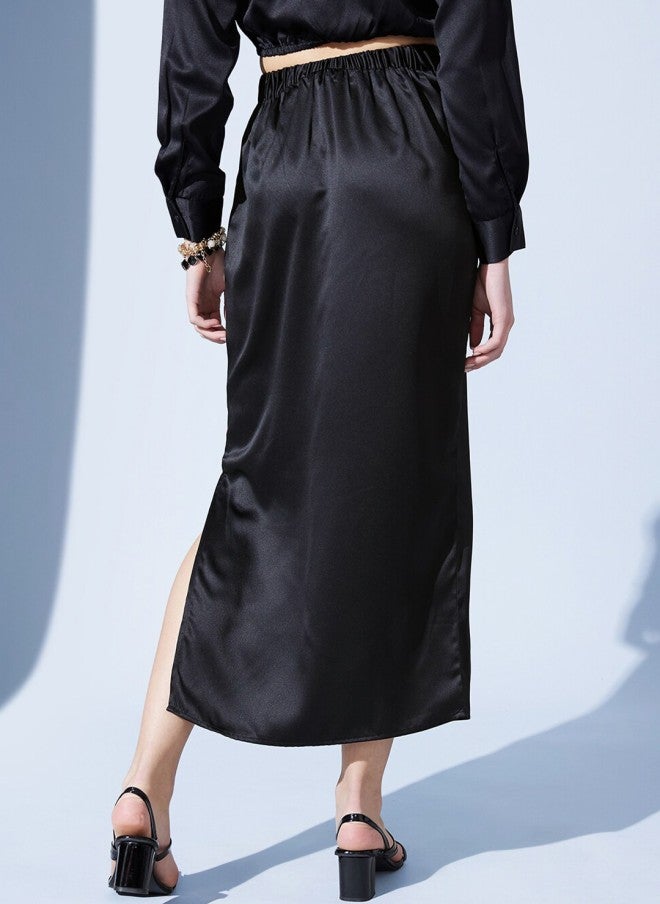 STREET 9 Black Satin Straight Midi Skirt for Women - Image 3