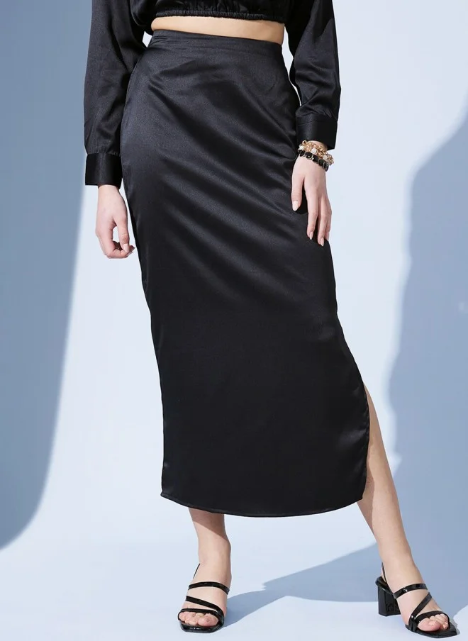STREET 9 Black Satin Straight Midi Skirt for Women