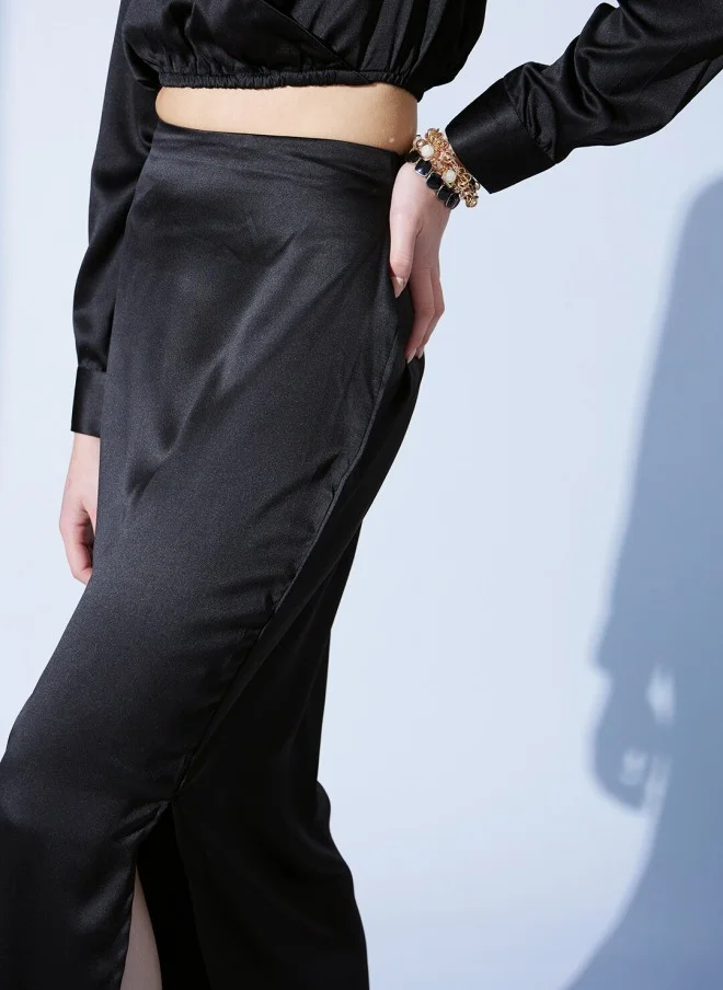 STREET 9 Black Satin Straight Midi Skirt for Women