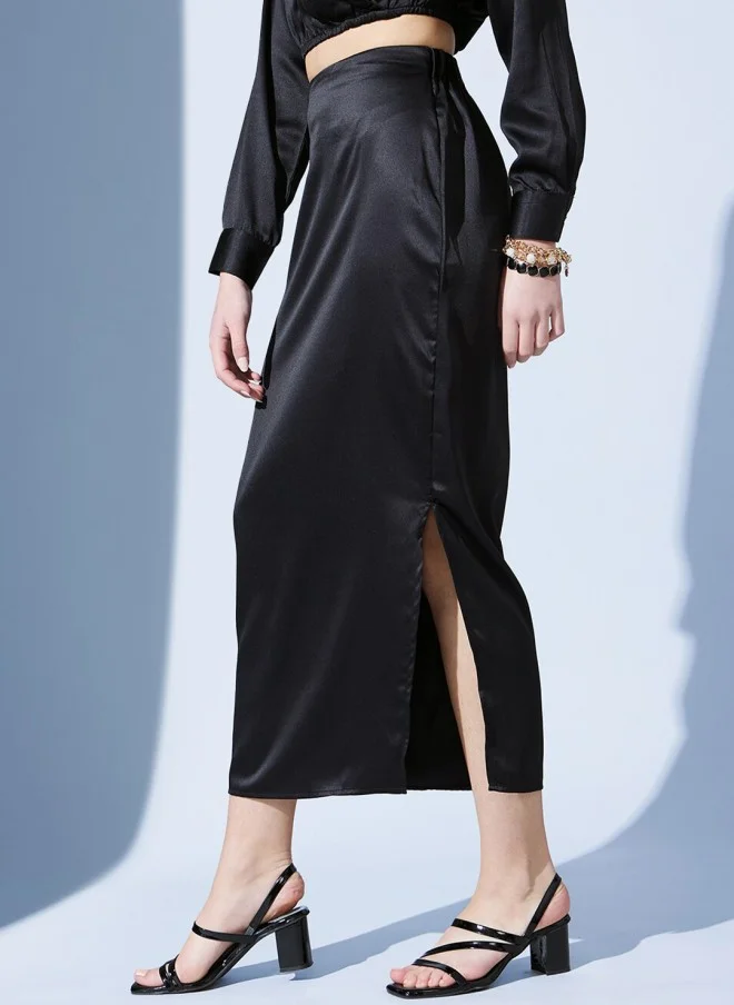 STREET 9 Black Satin Straight Midi Skirt for Women
