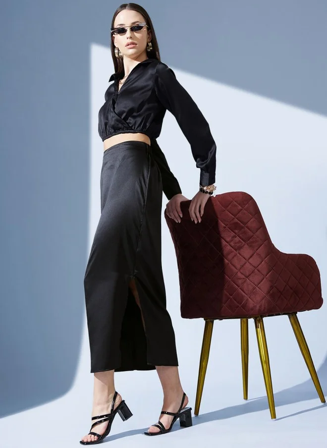 STREET 9 Black Satin Straight Midi Skirt for Women