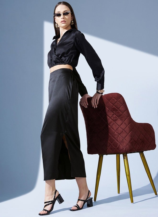 STREET 9 Black Satin Straight Midi Skirt for Women - Image 4