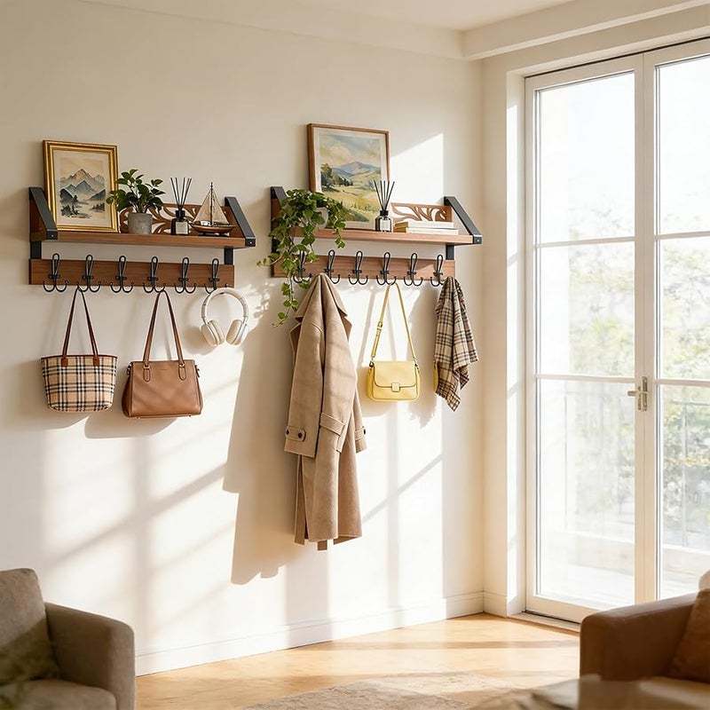 WGFKVAS 2 in 1 Coat Rack Wall Mount with Shelf and 6-Double Hook Wall Hooks with Shelf, Rustic Brown 15 Wood Organizer for Entryway, Living Room, Bedroom, Hallway - Image 5