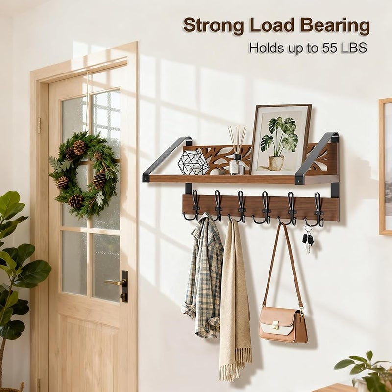 WGFKVAS 2 in 1 Coat Rack Wall Mount with Shelf and 6-Double Hook Wall Hooks with Shelf, Rustic Brown 15 Wood Organizer for Entryway, Living Room, Bedroom, Hallway - Image 2