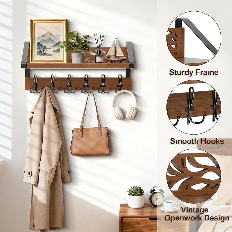 WGFKVAS 2 in 1 Coat Rack Wall Mount with Shelf and 6-Double Hook Wall Hooks with Shelf, Rustic Brown 15 Wood Organizer for Entryway, Living Room, Bedroom, Hallway - Image 3