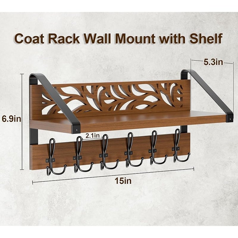 WGFKVAS 2 in 1 Coat Rack Wall Mount with Shelf and 6-Double Hook Wall Hooks with Shelf, Rustic Brown 15 Wood Organizer for Entryway, Living Room, Bedroom, Hallway - Image 4