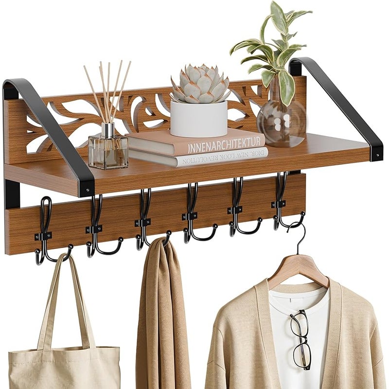 WGFKVAS 2 in 1 Coat Rack Wall Mount with Shelf and 6-Double Hook Wall Hooks with Shelf, Rustic Brown 15 Wood Organizer for Entryway, Living Room, Bedroom, Hallway - Image 1