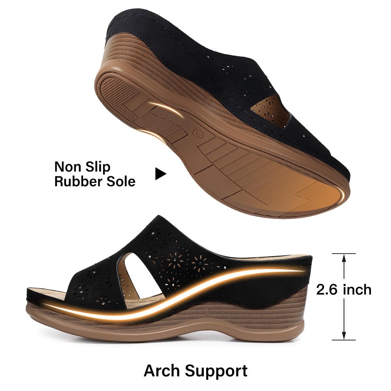 TEMOFON Women Wedge Sandals Dressy: Black Low Platform Sandal Size 7 Womens Comfortable Wide Width Leather Sandals Woman Casual Slip on Wedge Summer Shoes - Image 5