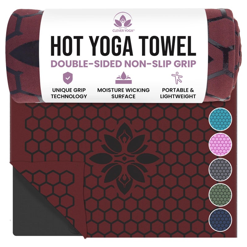 Clever Yoga Hot Yoga Mat Towel â€“ Non-Slip Grip for Hot Yoga, Sweat Absorbent, Honeycomb Silicone Grip, Stays Flat â€“ Ideal for Pilates, Travel, Washable & Lightweight - Burgundy - Image 1