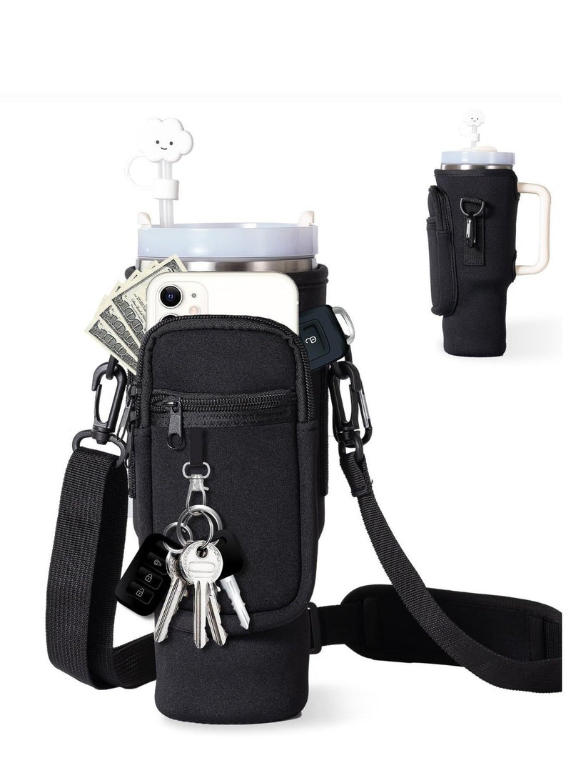 Arabest Stanley Water Bottle Carrier Bag for Stanley 40oz Tumbler, Water Bottle Holder with Pouch and Adjustable Strap, Sleeve Accessories with Pocket for 40oz Cup (Black)  - Image 1