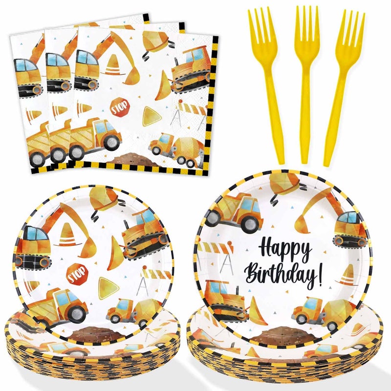 Heboland Construction Theme Birthday Party Decorations Plates Set 25 Guests100 Pcs Plates Napkins Forks Boys Kids Construction Excavator Birthday Party Supplies