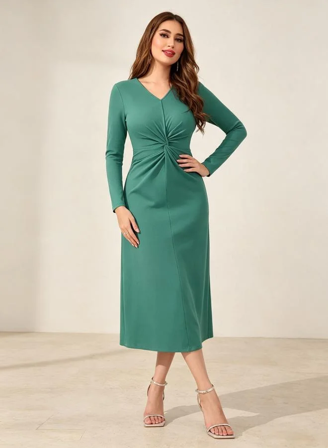 Take Two Green Midi Sheath Dress with Long Sleeves