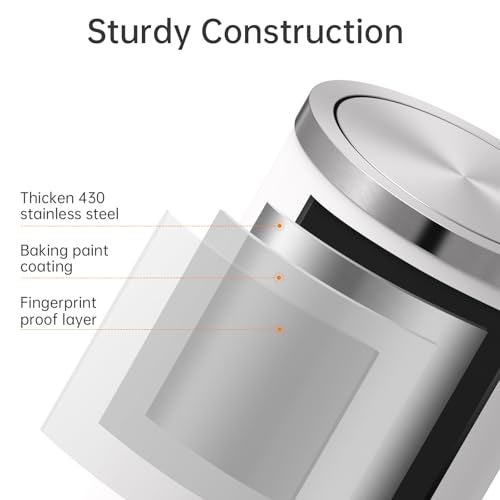 Mbillion Small Trash Can with Swing Lid 2.4 Gallons/9 Liter, Mini Trash Can with lid, Stainless Steel Cylindrical Garbage Can for Home and Office Bathroom Bedroom, for Ground and Desktop White - Image 3