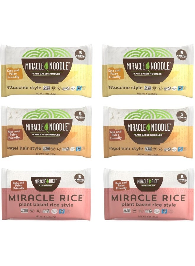 Miracle Noodle Variety Pack (Pack of 6), Angel Hair, Fettuccine, Rice, Plant Based Shirataki Konjac Noodles, 5 Calories, 1g Net Carbs Per Serving, Keto, Gluten-Free - Image 1
